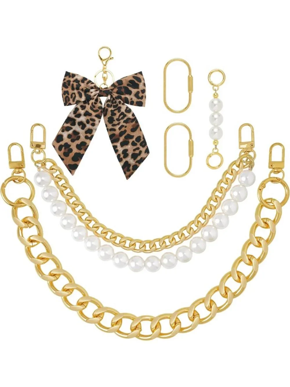 Chic Pearl Purse Charm with Gold Chain Straps | Leopard, Heart & Bow Designs